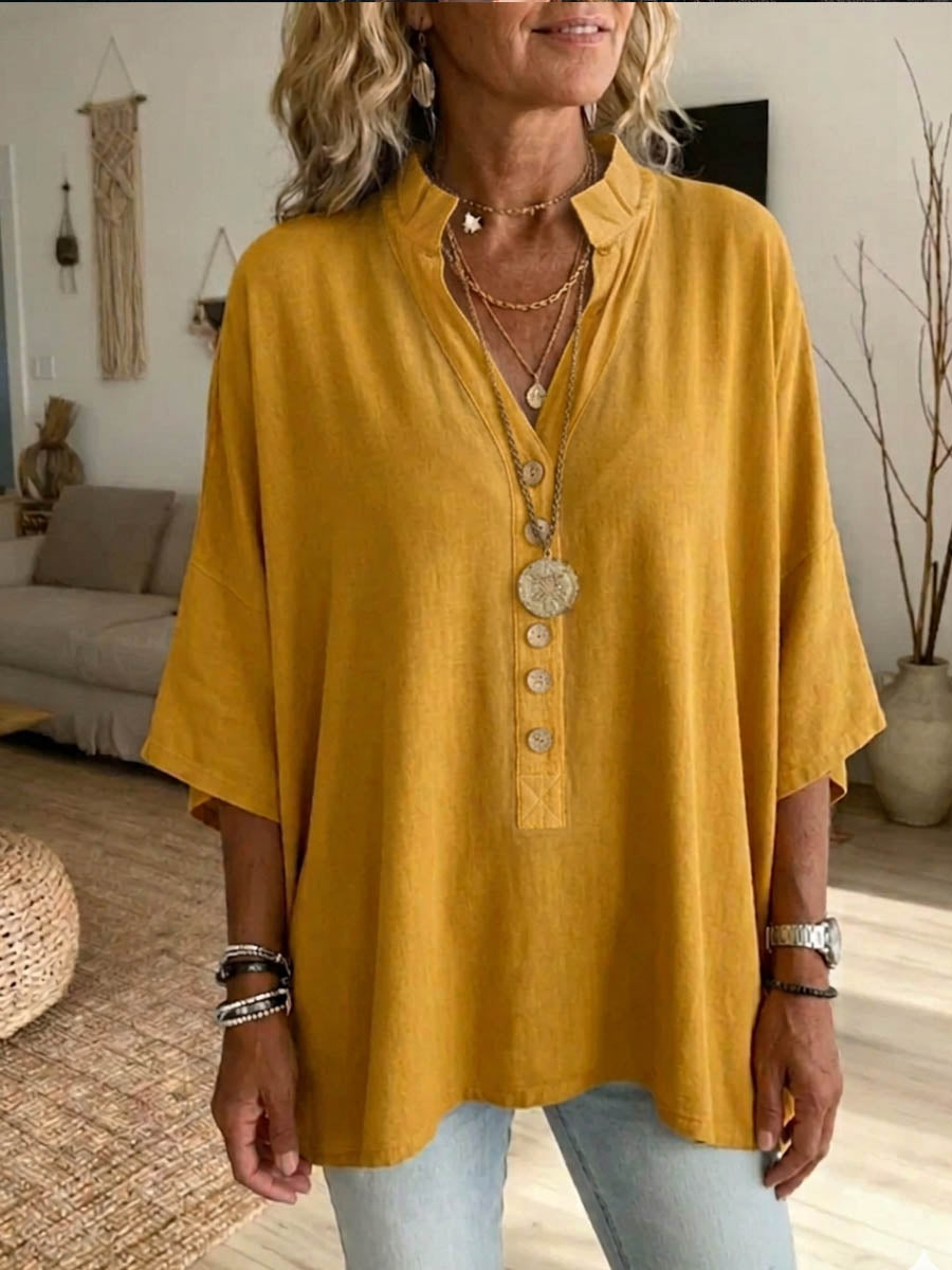 Women's Linen Blouse V Neck Loose Fit Shirt Tunic Top
