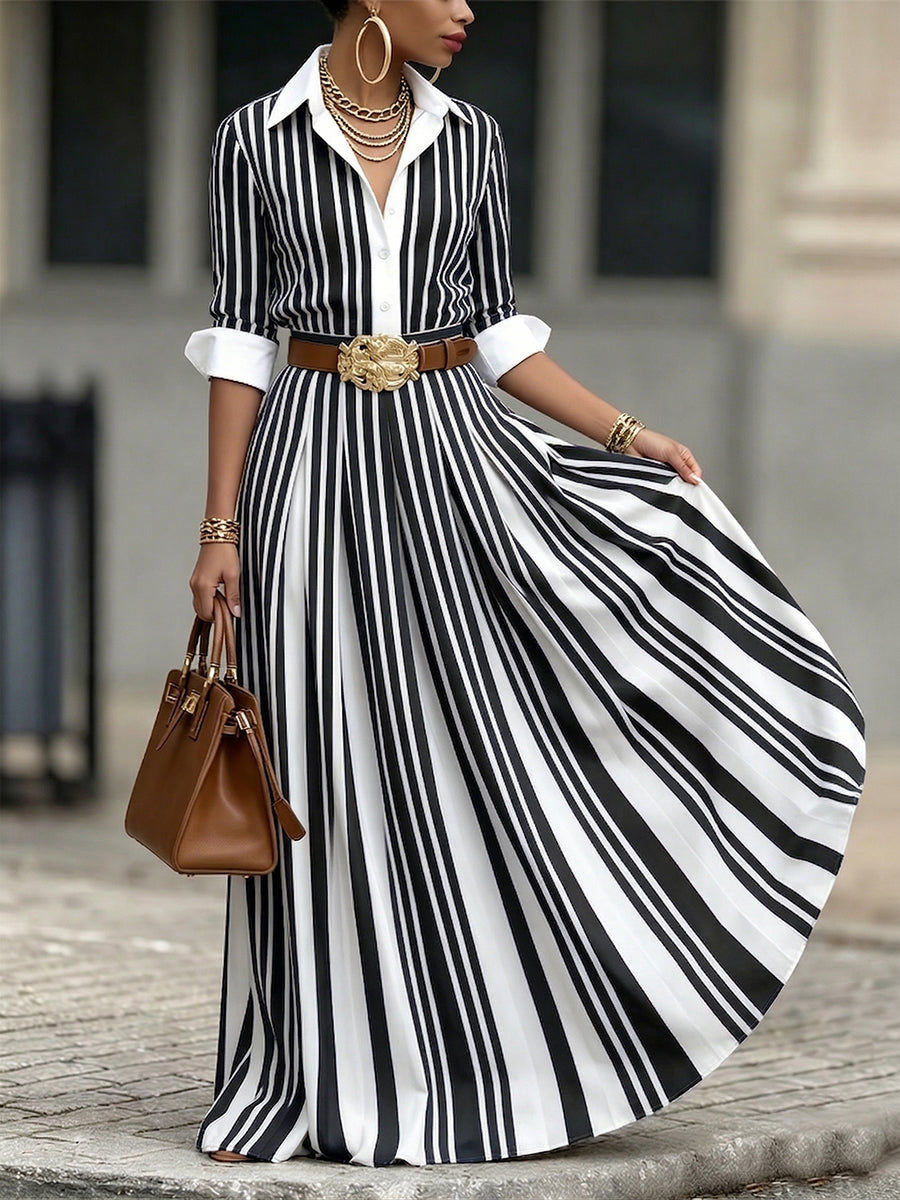 Women's Linen Striped Maxi Shirt Dress