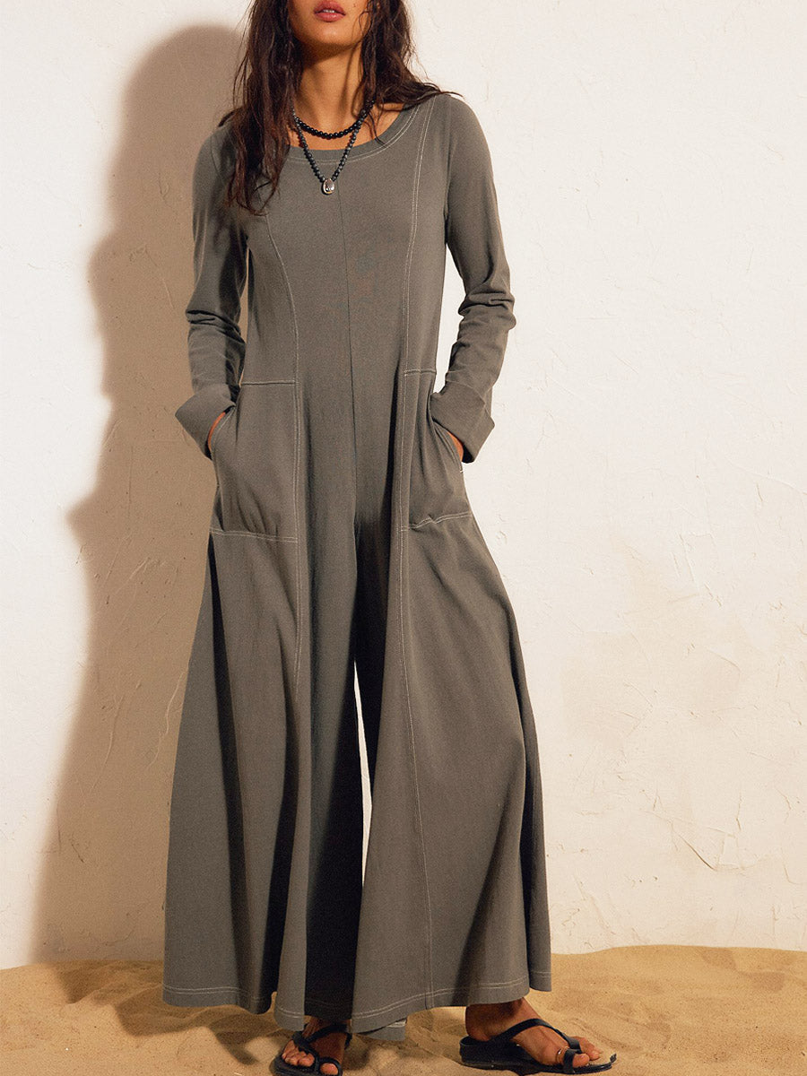 Women's Linen Long Sleeve Wide Leg Crew Neck Jumpsuit