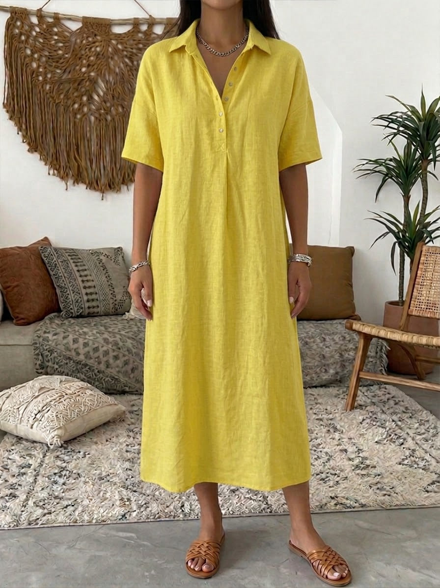 Women's Linen Collared Button Maxi Shirt Dress