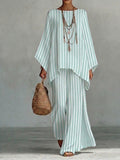 Women's Linen Two Piece Set Striped Batwing Sleeve Top and Wide Leg Trousers