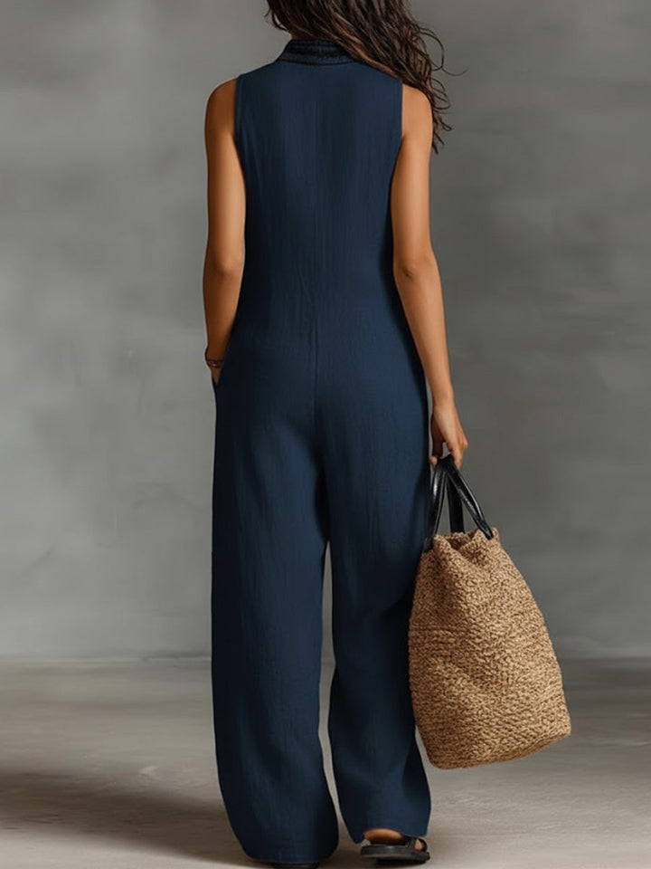 Women's Linen V-Neck Sleeveless Wide Leg Jumpsuit