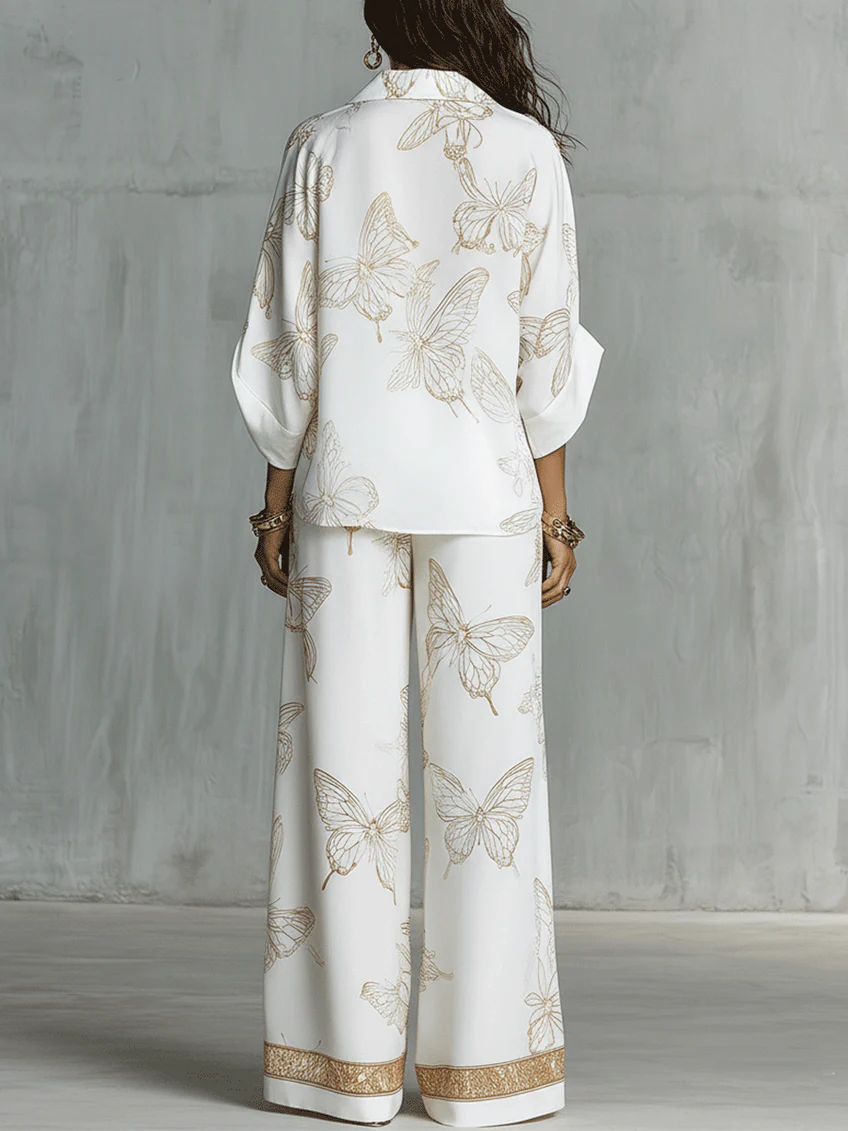 Women's Linen Wide Leg Trousers and Butterfly Print Shirt Set
