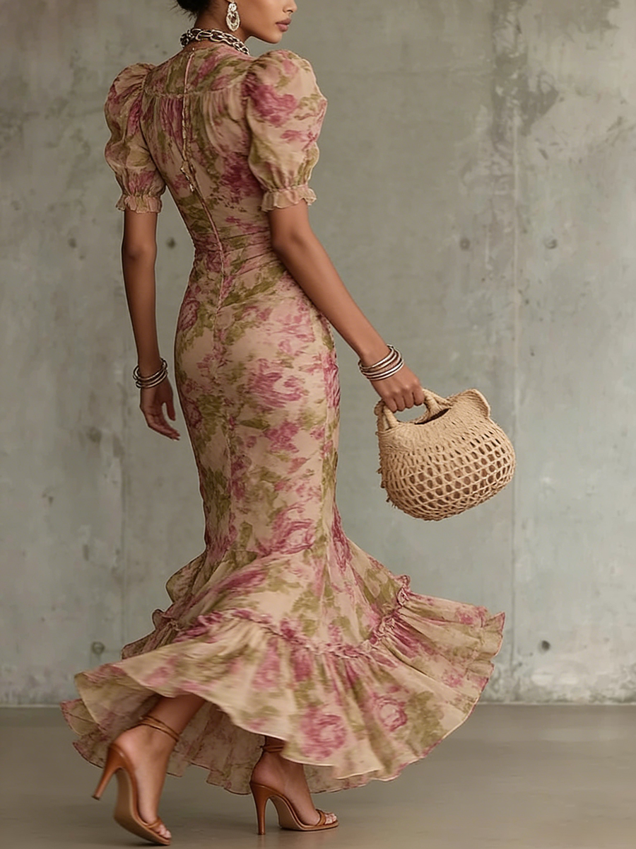 Women's Chiffon Floral High Neck Puff Sleeve Mermaid Maxi Dress