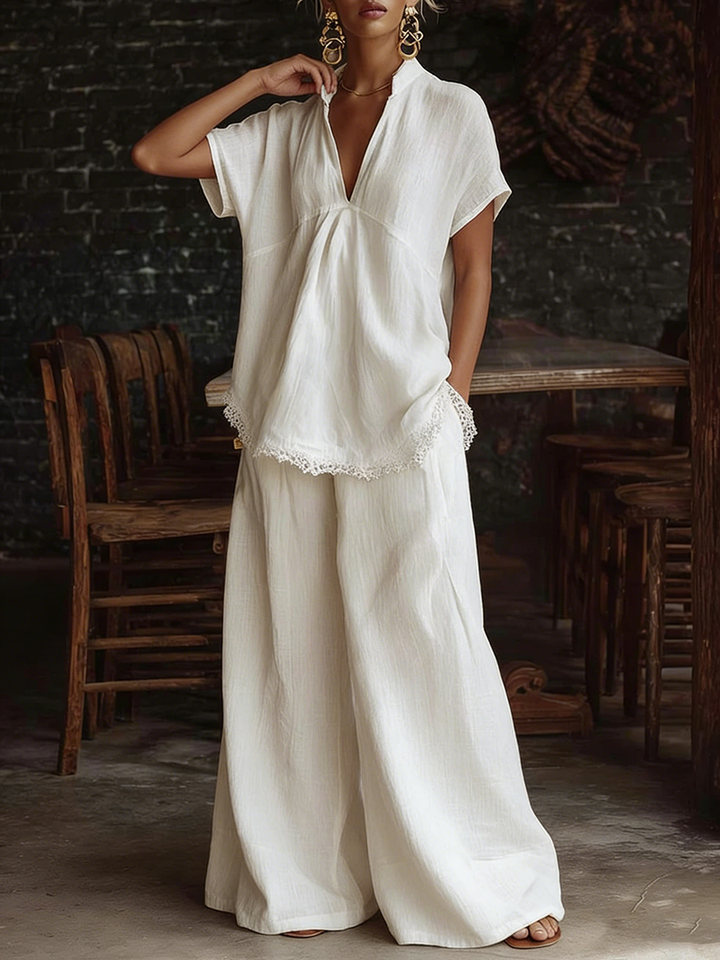 Women's Linen Two Piece Set Wide Leg Trousers and Short Sleeve Top Shirt