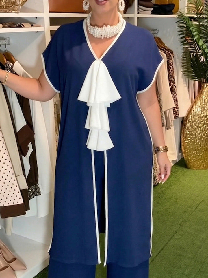 Women's Chiffon Ruffle Trim Tunic and Wide Leg Trousers Two Piece Set