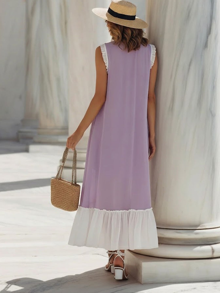 Women's Linen Blend Sleeveless V-Neck Pleated Hem Maxi Dress