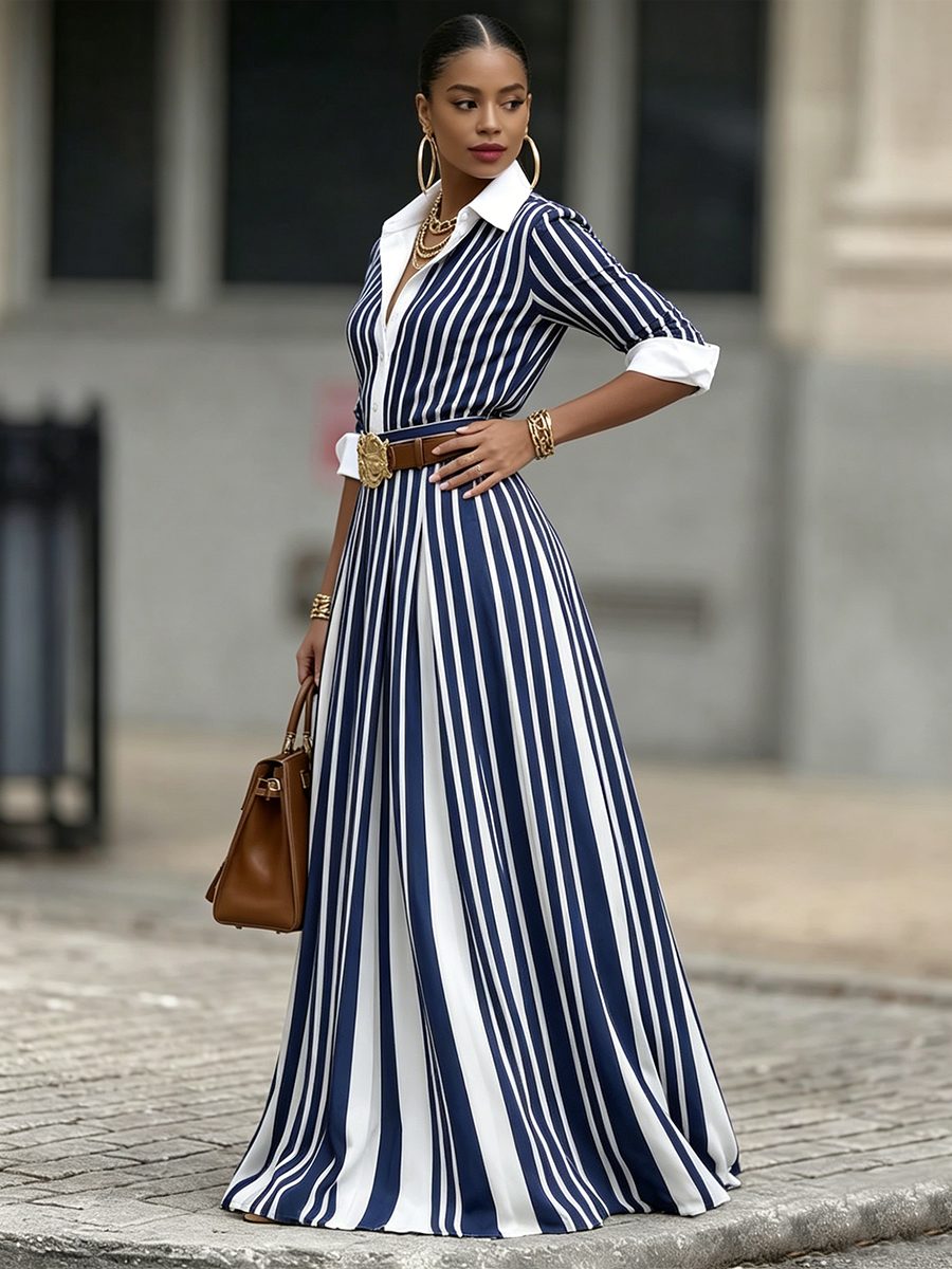 Women's Linen Striped Maxi Shirt Dress