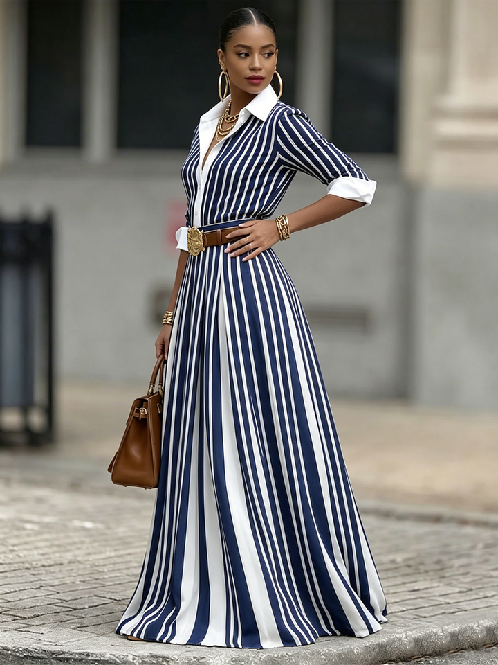Women's Linen Striped Maxi Shirt Dress