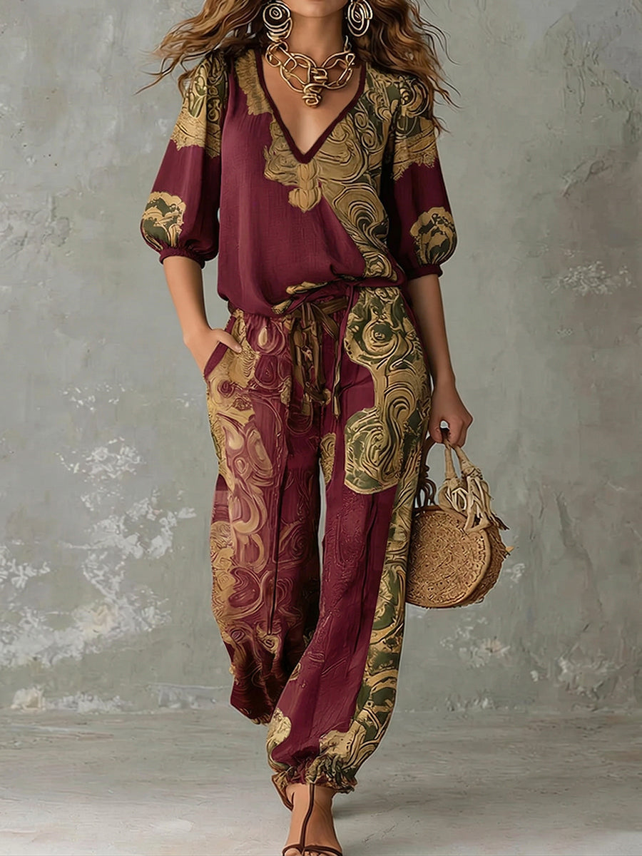 Women's Linen V-Neck Shirt Bohemian Retro Printed Loose Half Sleeve Top
