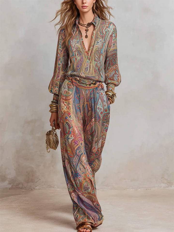 Women's Paisley Print Satin Wide Leg Trouser and Blouse Set