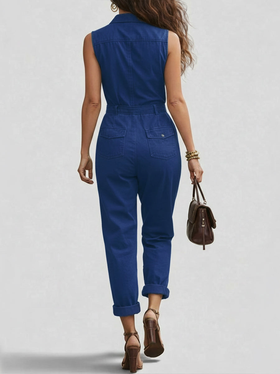 Women's Denim Sleeveless Jumpsuit One-Piece Romper with Zip Front