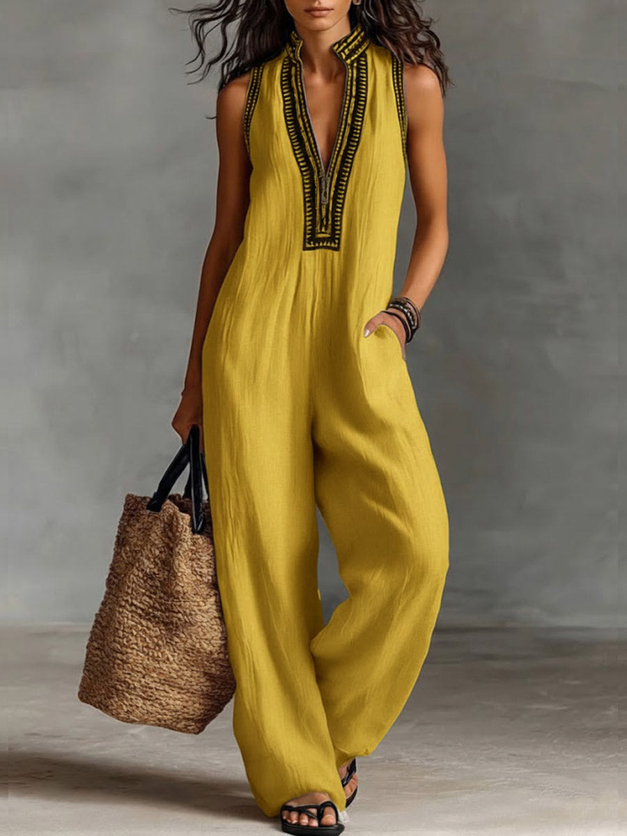 Women's Linen V-Neck Sleeveless Wide Leg Jumpsuit