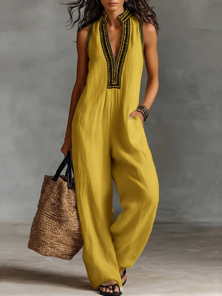 Women's Linen V-Neck Sleeveless Wide Leg Jumpsuit