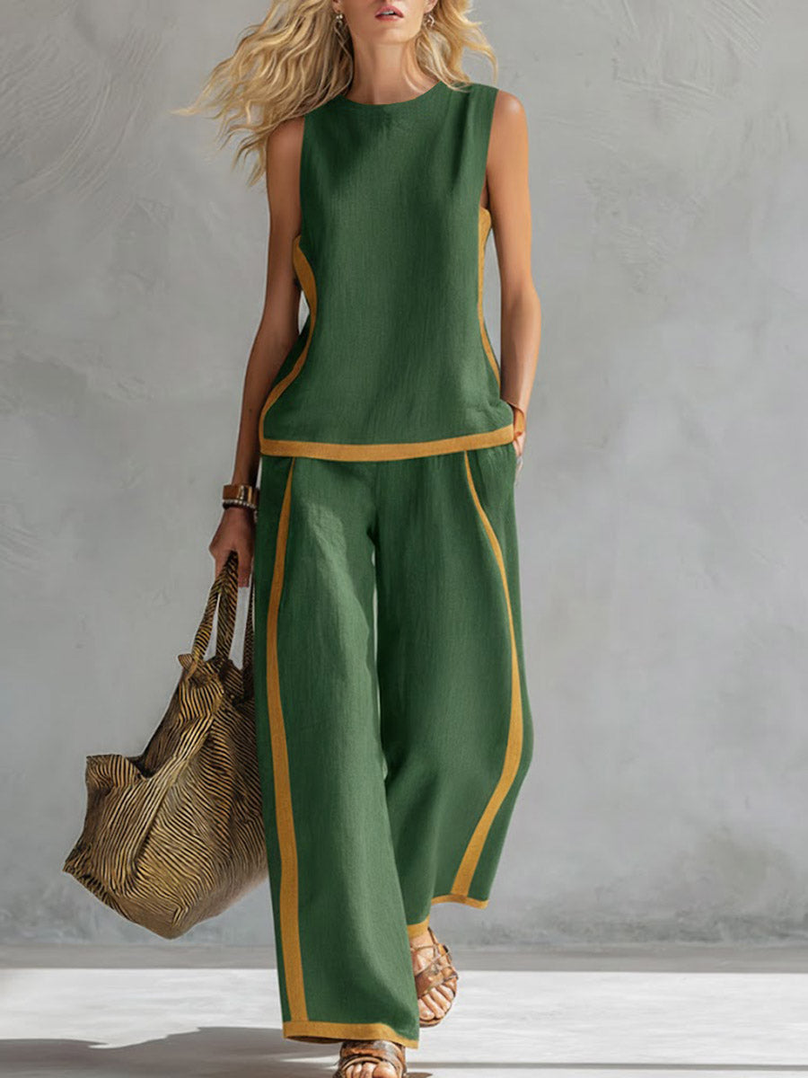 Women's Linen Blend Two Piece Sleeveless Top and Wide Leg Trousers Set