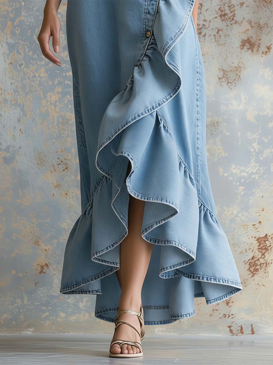 Women's Sleeveless Square-Neck Denim Maxi Dress