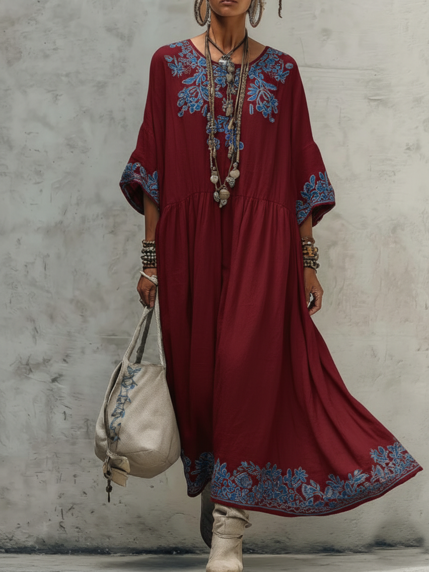 Women's Floral Linen-Blend V-Neck Boho Maxi Dress