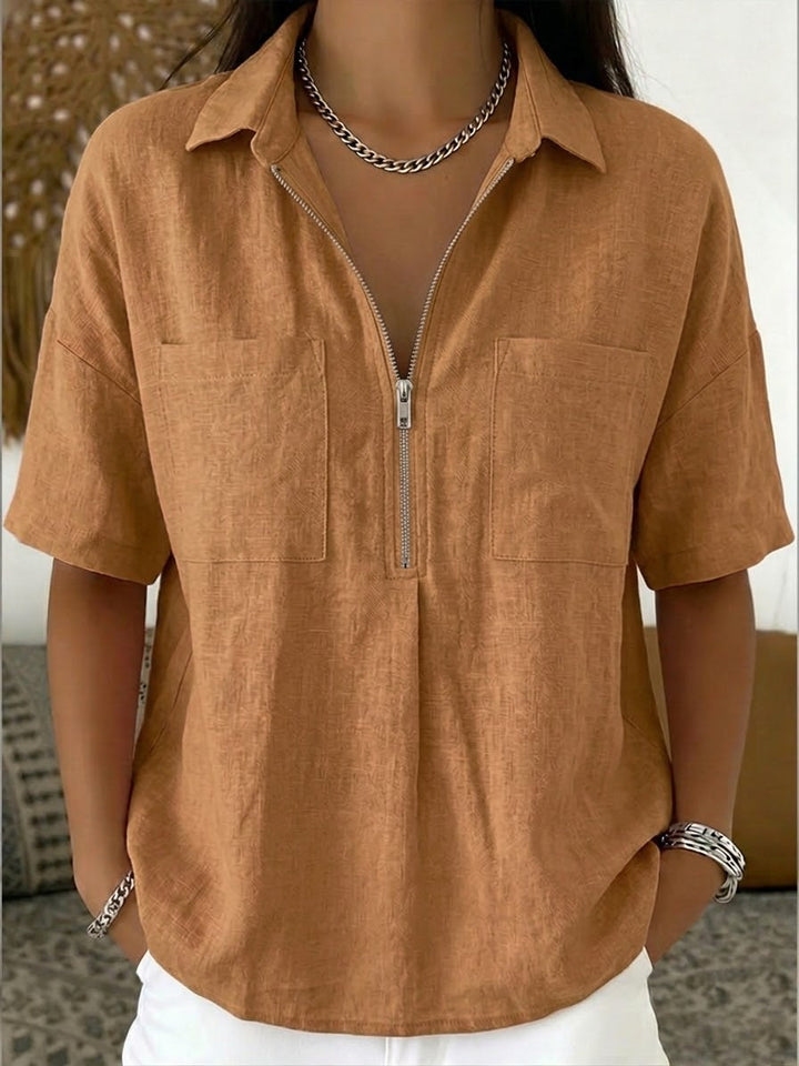 Women's Linen Blend Short Sleeve Zip Collar Polo Shirt