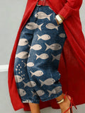 Women's Fish Print Wide Leg Denim Jeans