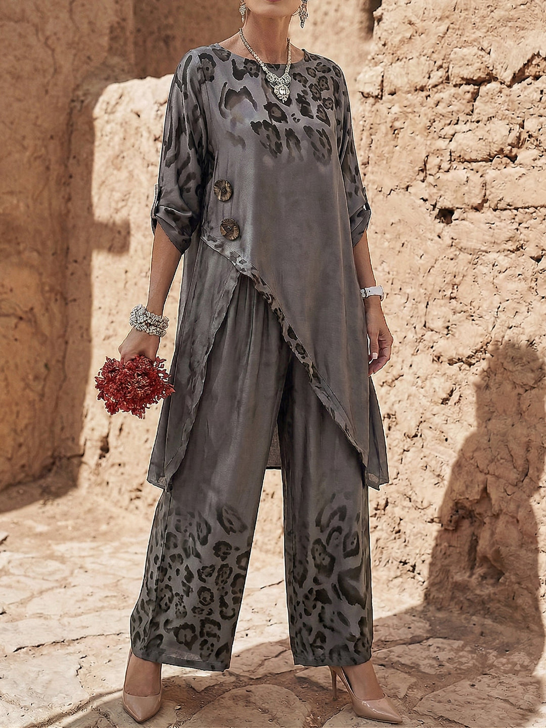 Women's Linen Trousers Set Floral Print Tunic Top and Wide Leg Pants Lounge Outfit