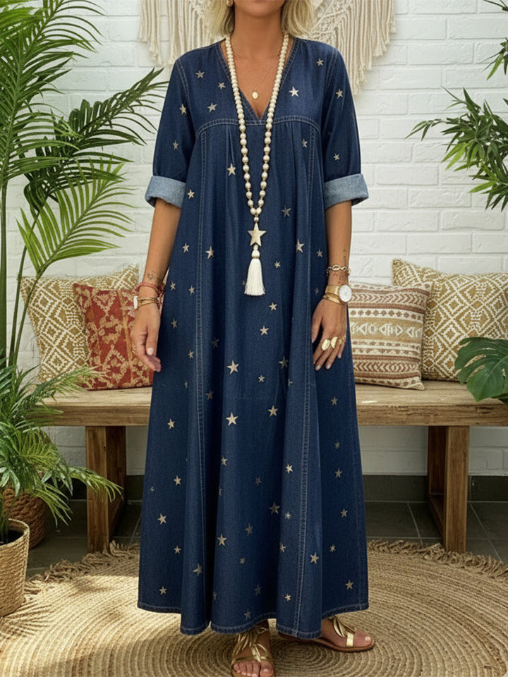 Women's Long-Sleeve Denim V-Neck Maxi Dress