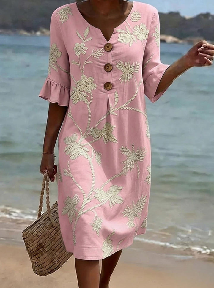 Women's Linen Floral Sundress Beach V-Neck Shift Dress