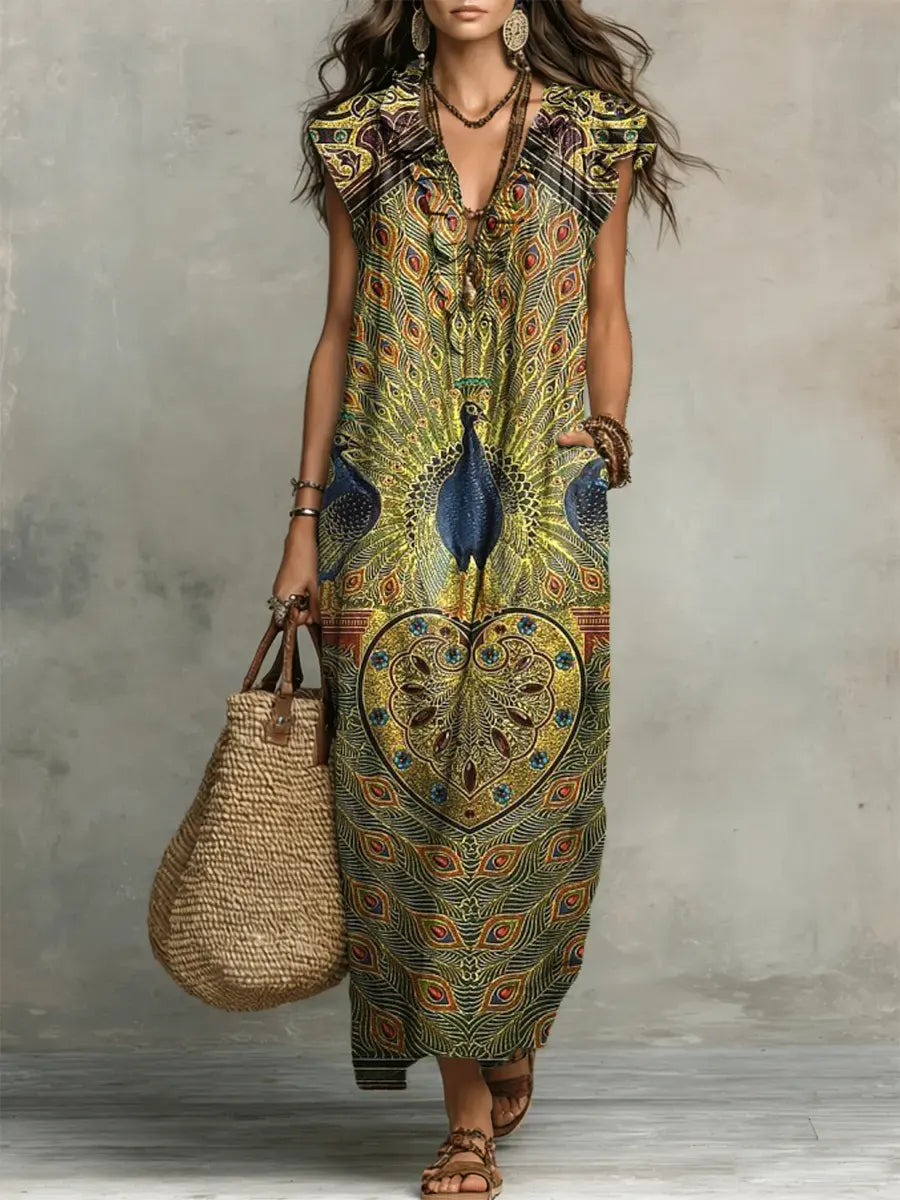 Women's Linen Maxi Dress Boho Print Loose Kaftan V Neck Casual Sun Dress
