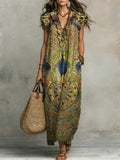 Women's Linen Maxi Dress Boho Print Loose Kaftan V Neck Casual Sun Dress