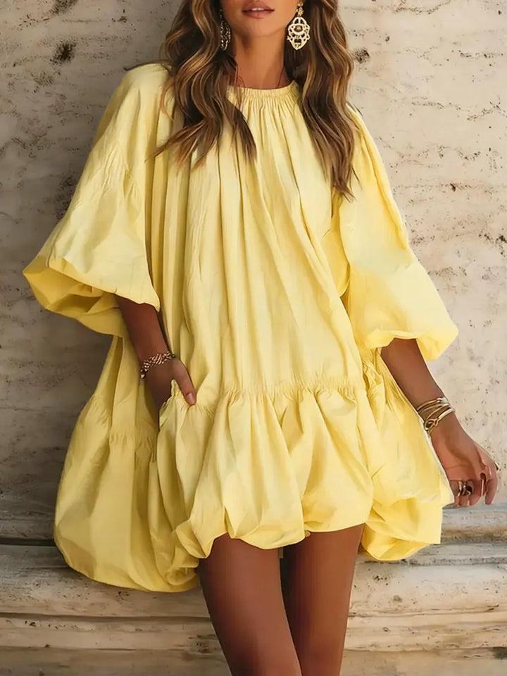 Women's Linen Blend Lantern Sleeve Mini Smock Dress