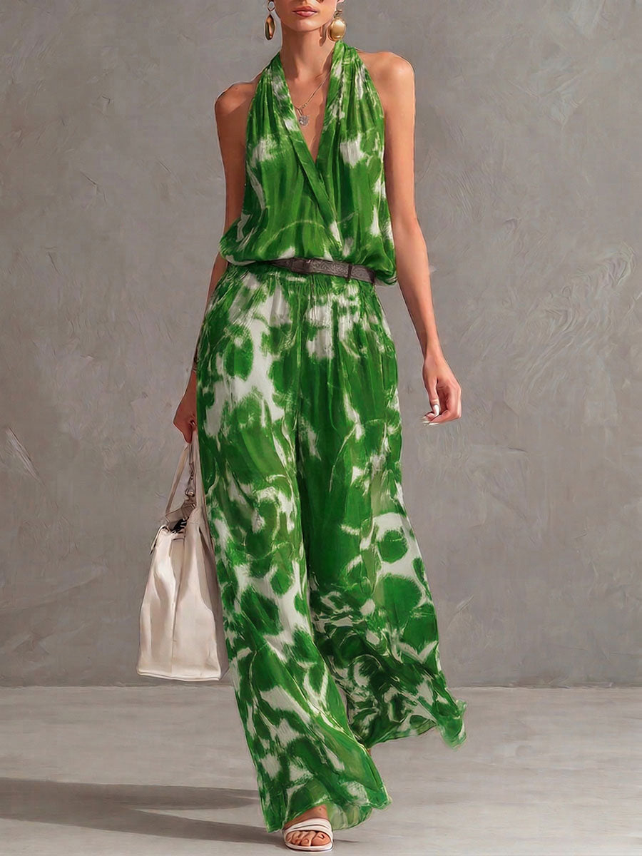 Women's Linen Halter Neck Tie Dye Wide Leg Jumpsuit