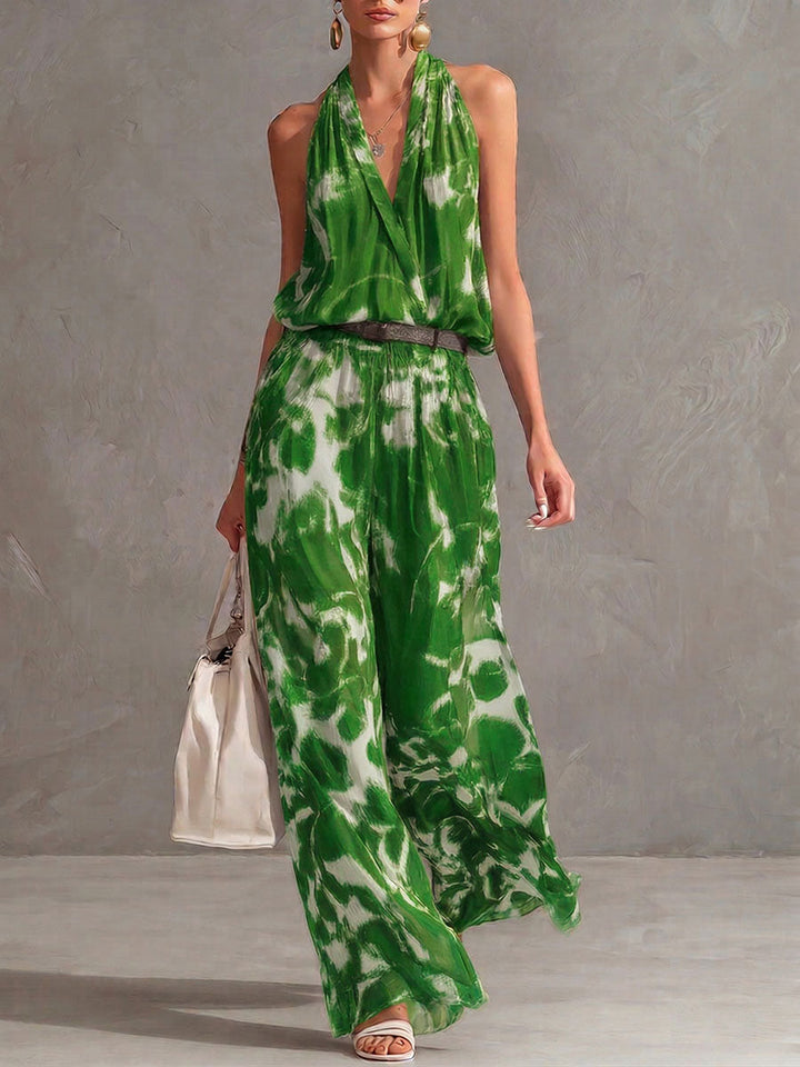 Women's Linen Halter Neck Tie Dye Wide Leg Jumpsuit