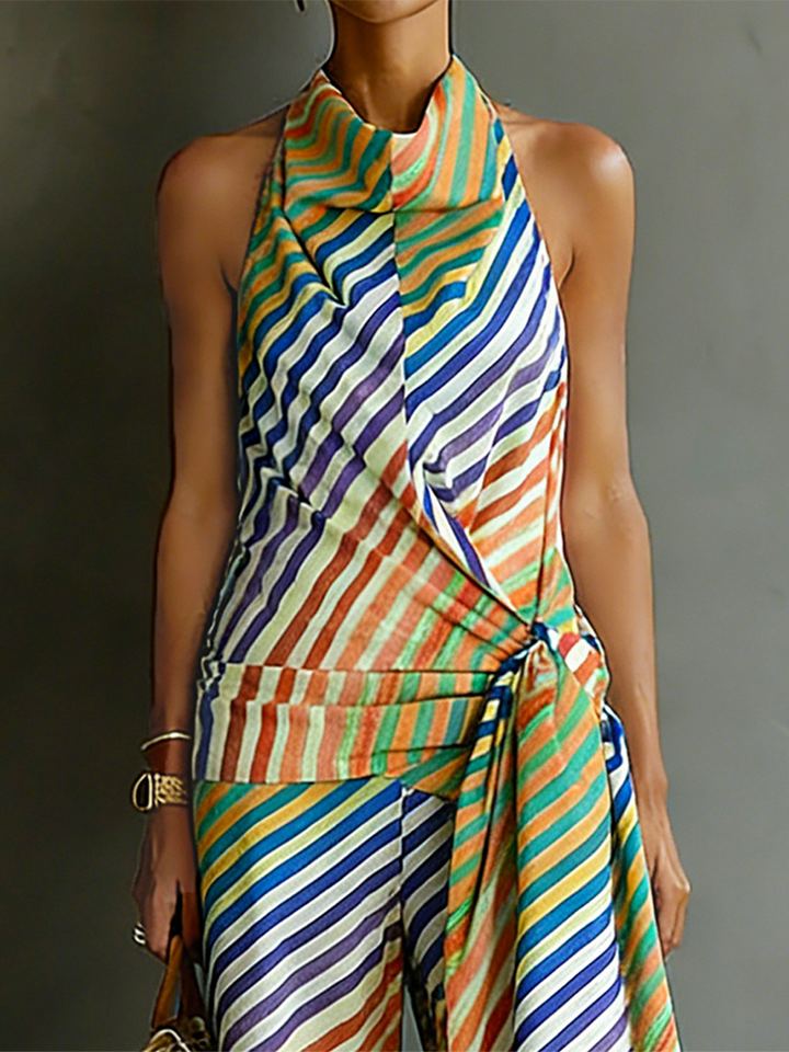 Women's Linen Halter Neck Wrap Top and Wide Leg Trouser Set