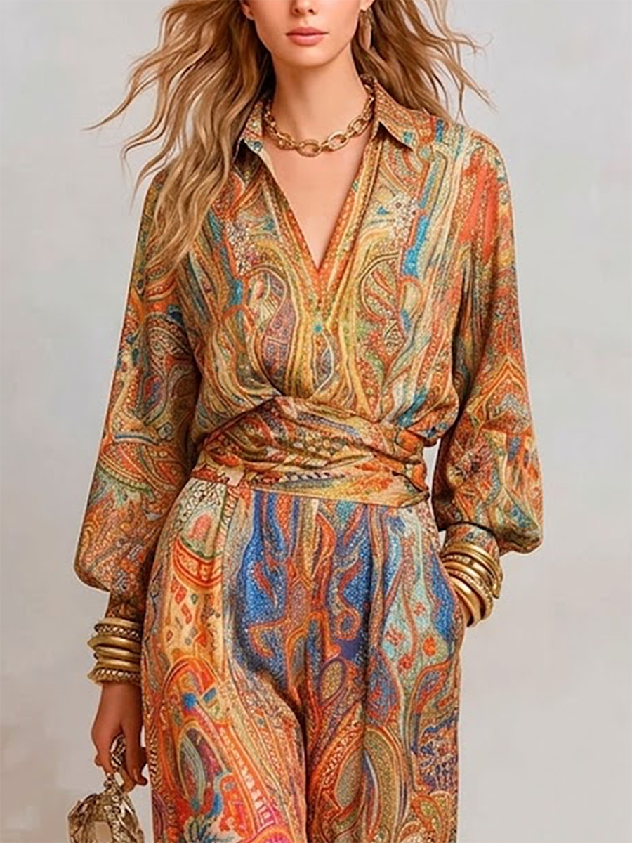 Women's Paisley Print Satin Wide Leg Trouser and Blouse Set