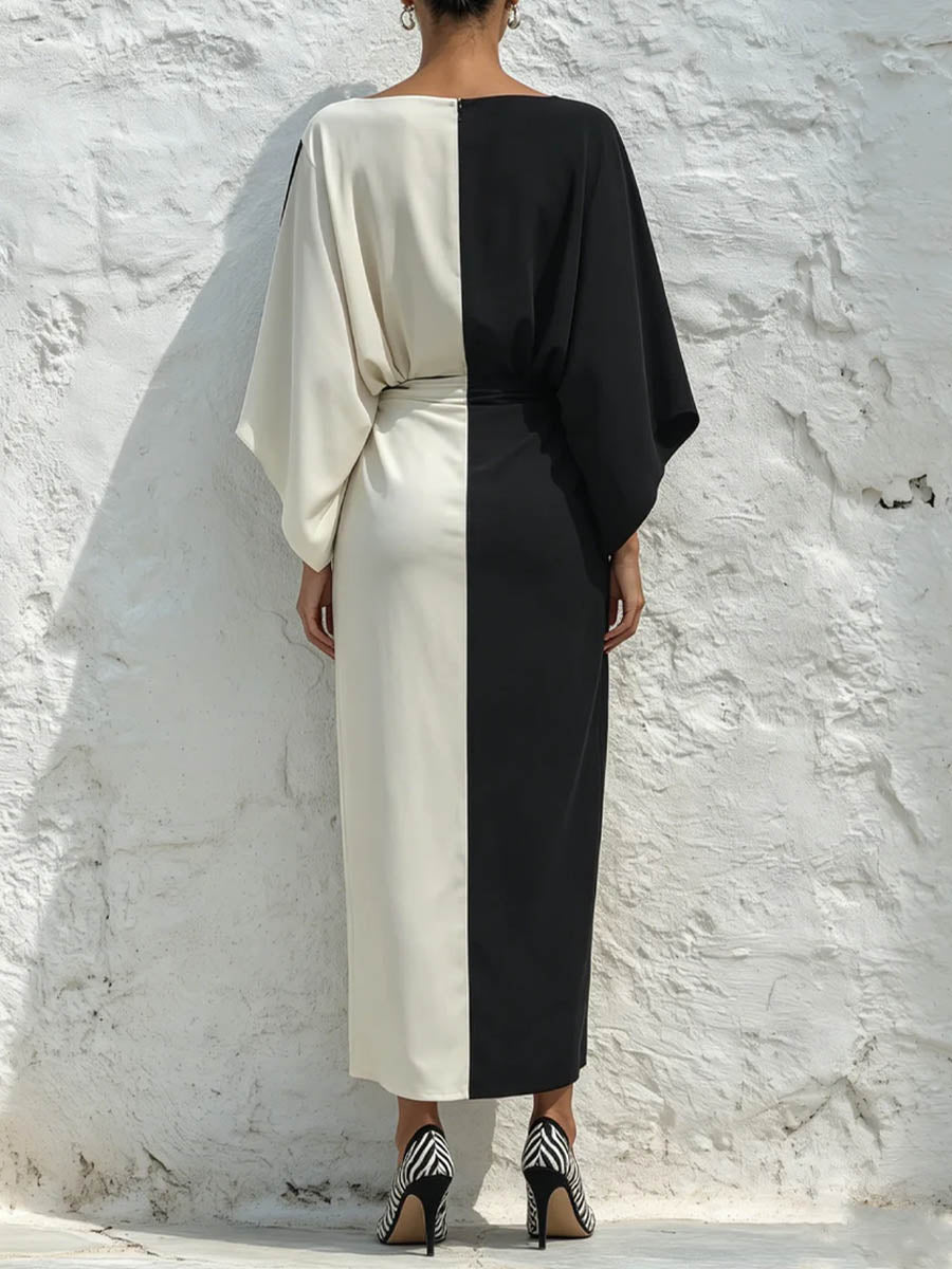 Women's Satin Batwing Sleeve Colorblock Maxi Dress