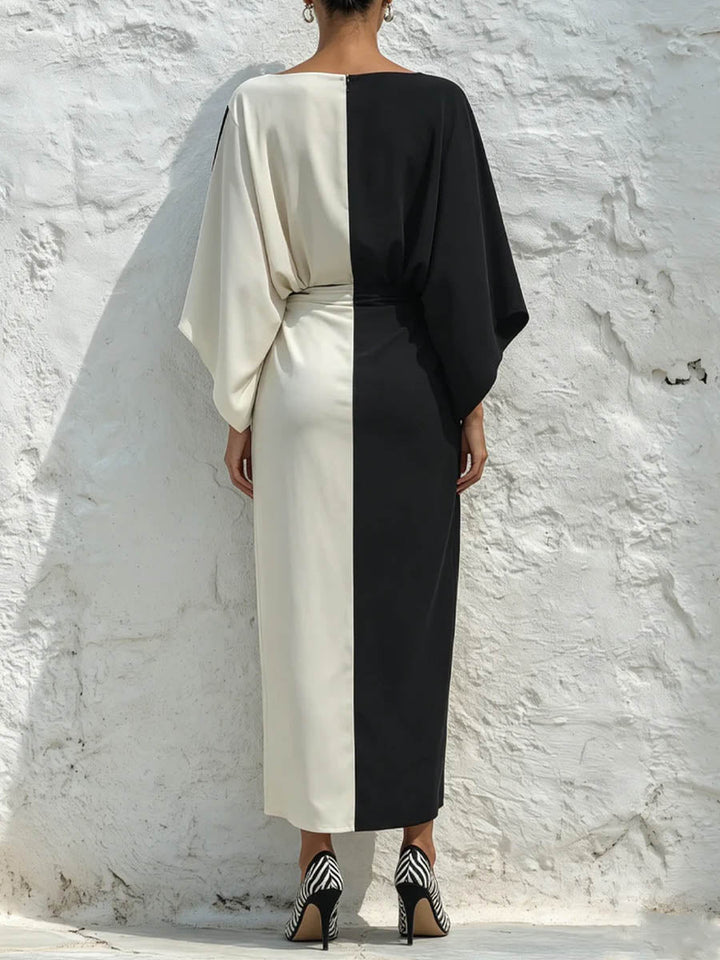 Women's Satin Batwing Sleeve Colorblock Maxi Dress