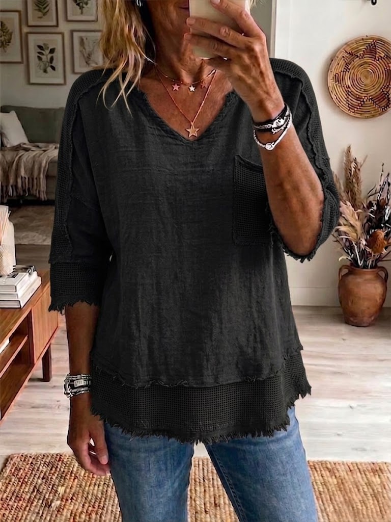 Women's Linen Blouse V-Neck 3/4 Sleeve Loose Fit Casual Tunic Top