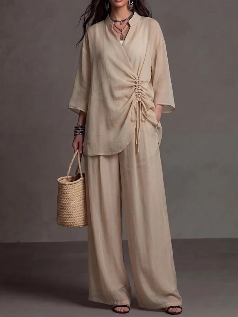 Women's Linen Two Piece Set V-Neck Tunic and Wide Leg Trousers Co-ord