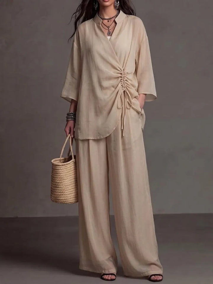 Women's Linen Two Piece Set V-Neck Tunic and Wide Leg Trousers Co-ord