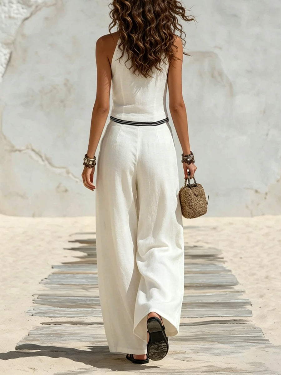 Women's Linen Striped Sleeveless Halter Top & Wide Leg Pants Two Piece Set