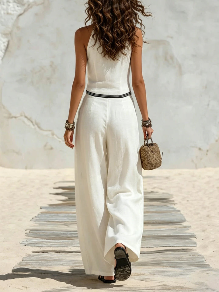 Women's Linen Striped Sleeveless Halter Top & Wide Leg Pants Two Piece Set
