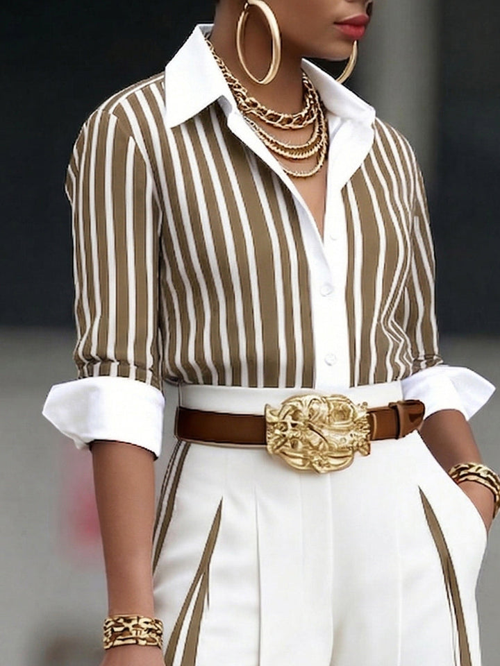Women's Striped Linen Shirt Button Down Collar Long Sleeve Blouse