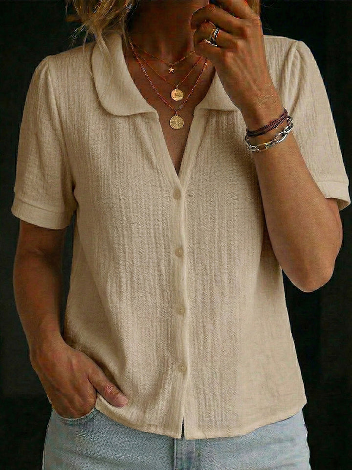 Women's Short Sleeve Knit Polo Shirt Button Up Textured Blouse Top