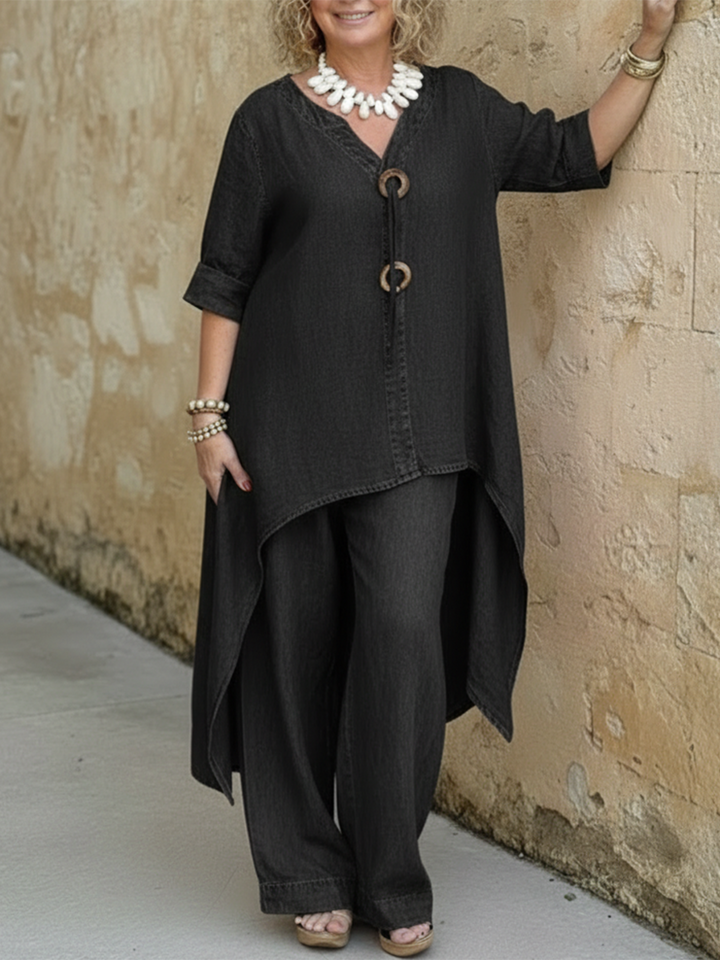 Women's Linen Two Piece Set High Low Tunic and Wide Leg Trousers