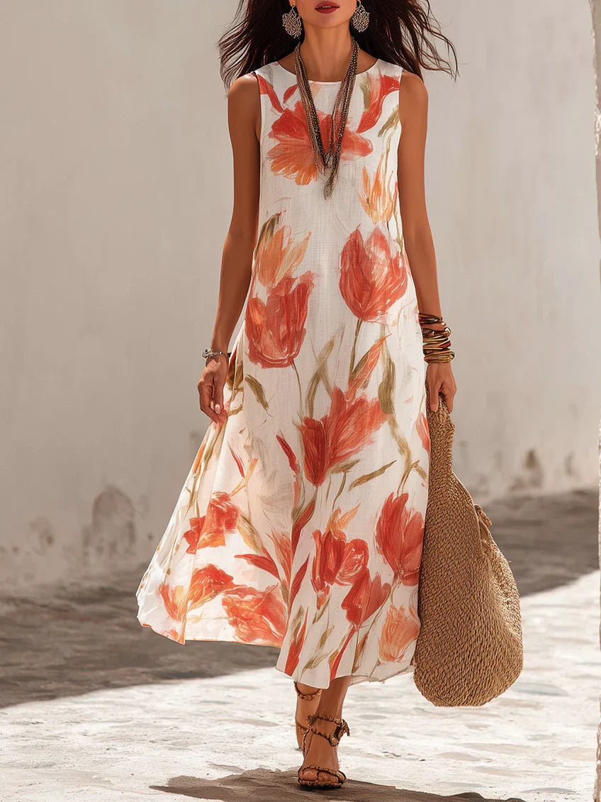 Women's Linen Floral Sleeveless Maxi Dress