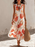 Women's Linen Floral Sleeveless Maxi Dress
