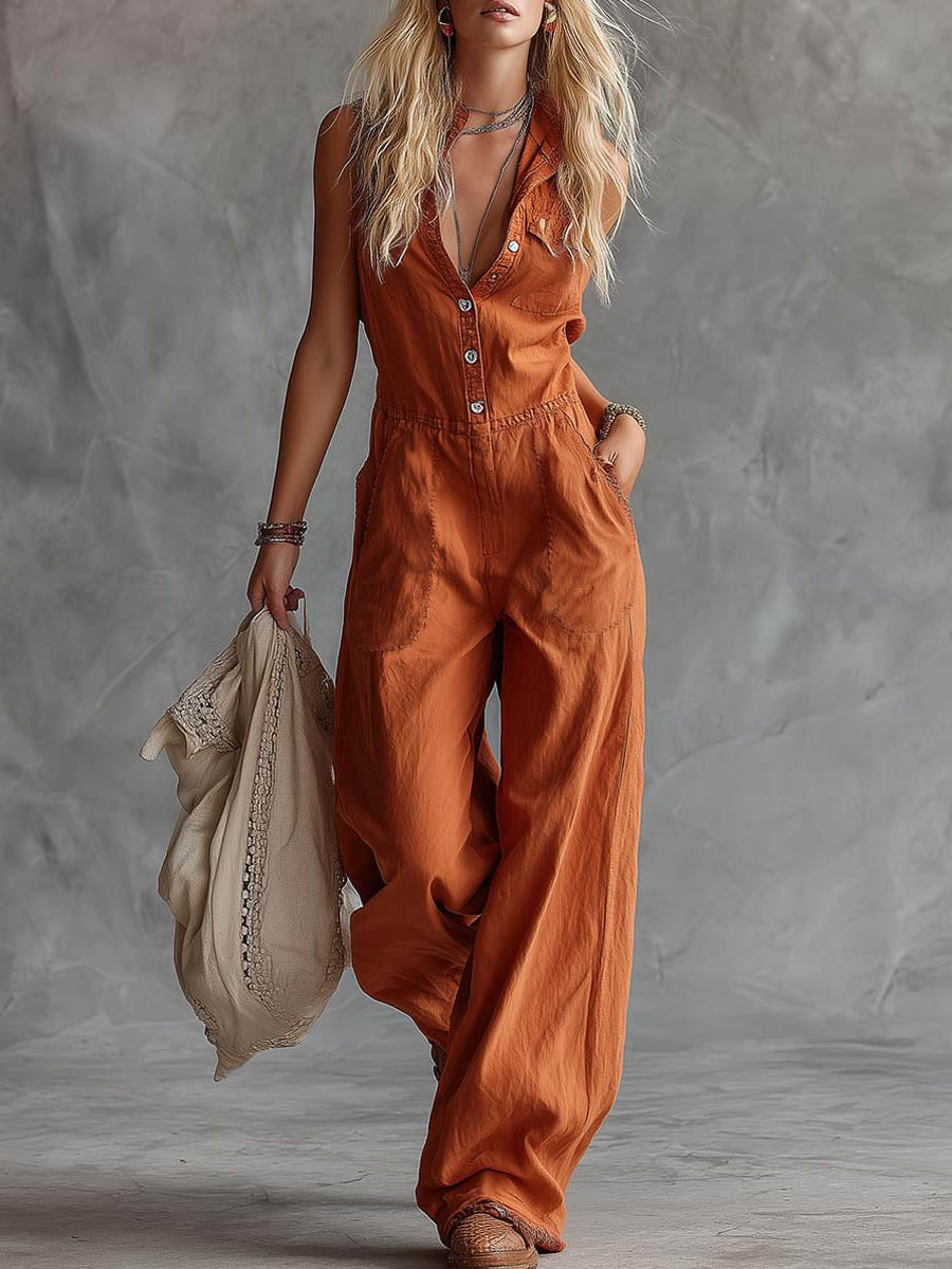 Women's Linen Sleeveless Wide Leg V Neck Jumpsuit One Piece Overalls