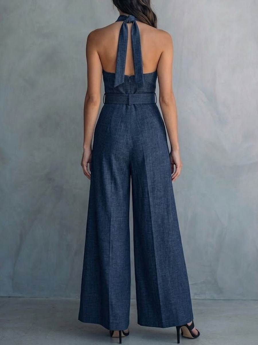Women's Linen Halter Neck Deep-V Wide Leg Jumpsuit