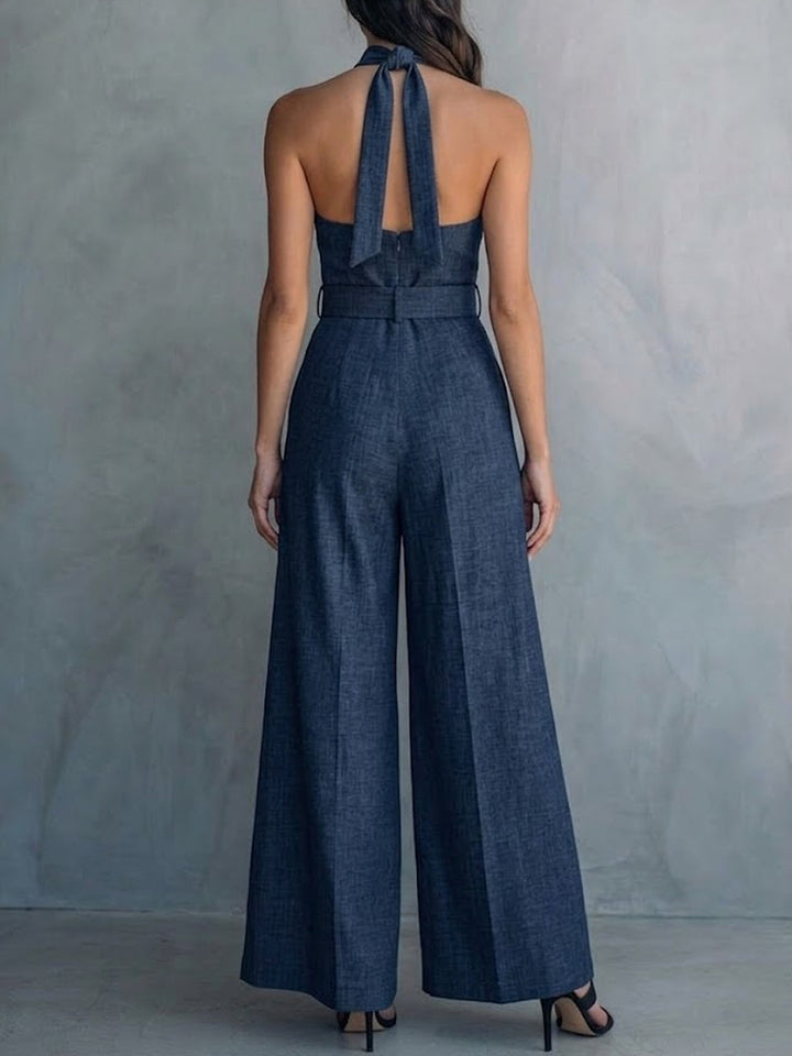 Women's Linen Halter Neck Deep-V Wide Leg Jumpsuit