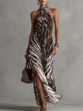 Women's Silk Zebra Print Halter Neck Maxi Dress