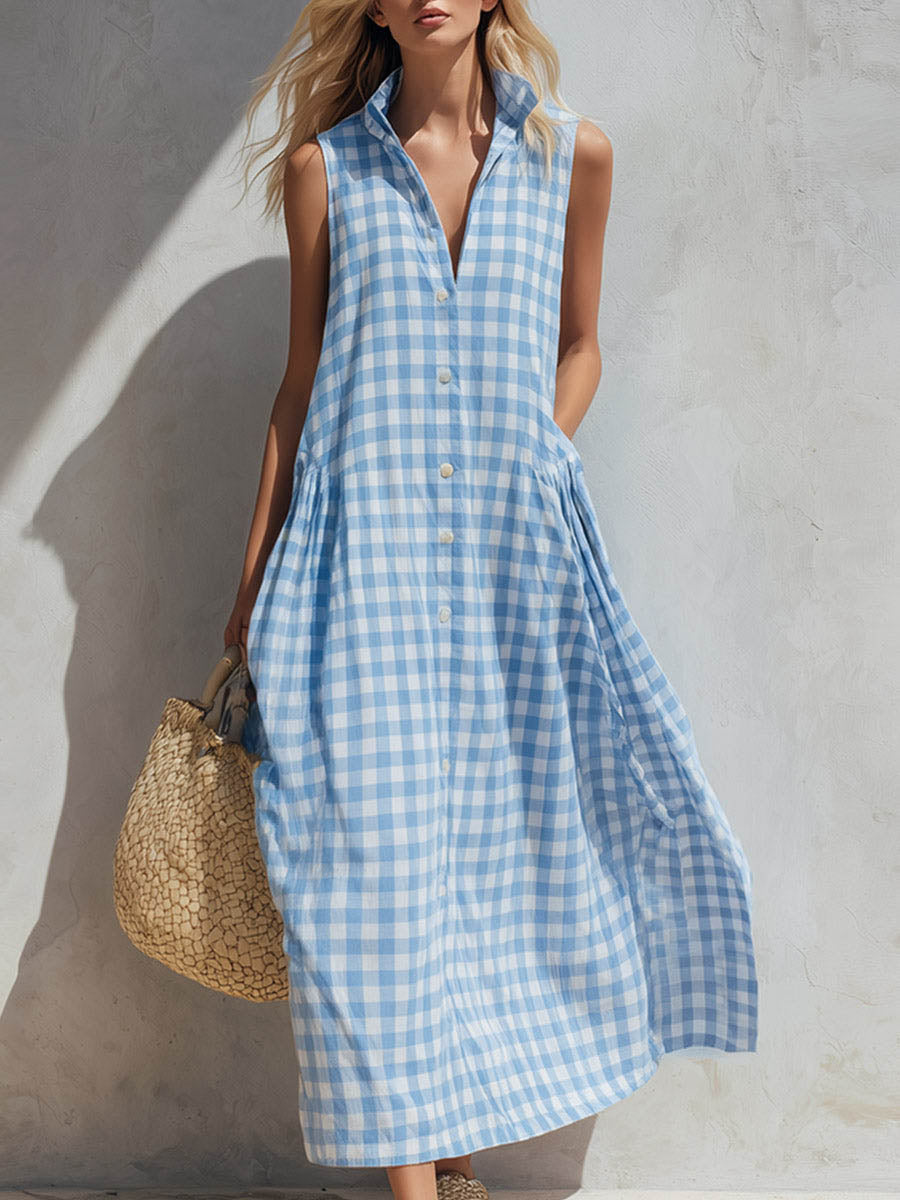 Women's Linen Sleeveless Gingham Shirt Dress